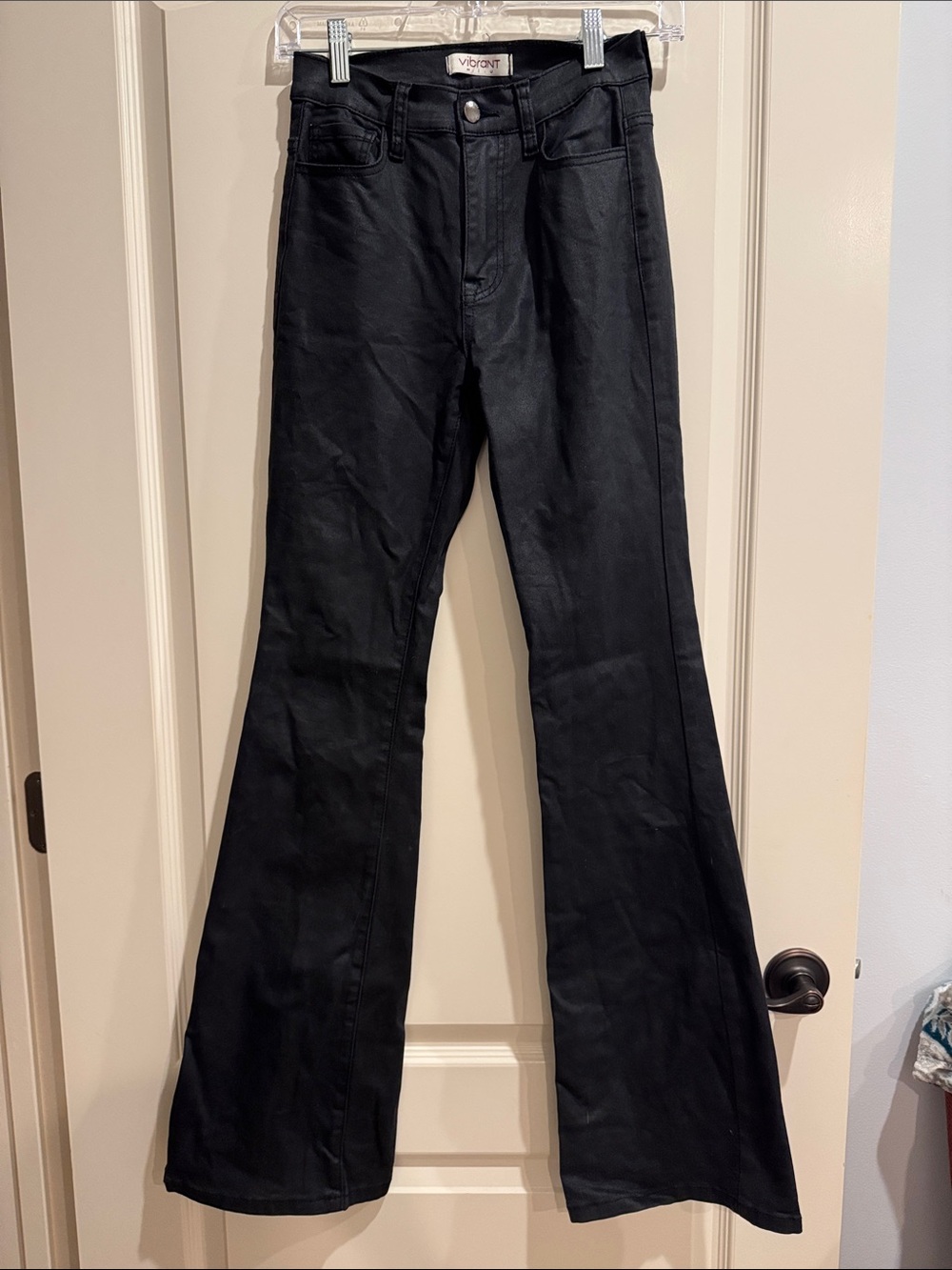 Vibrant Black High-Rise Flare Jeans with coated finish